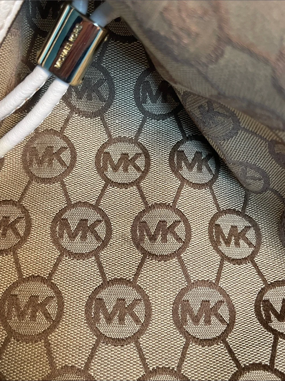 Michael Kors Beige Signature Drawstring Shoulder Bag with White Trim